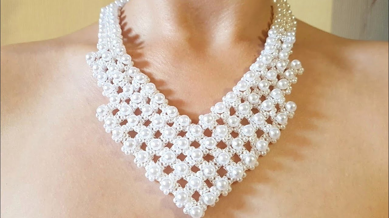 Beaded necklace/PEARL NECKLACE/Necklace CORNER/Diy/Beaded/Жемчужное колье своими руками/Tutorial