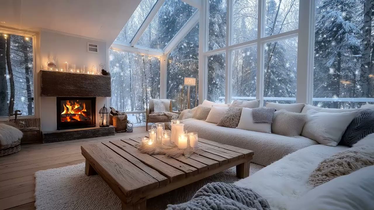❄️🔥 Warm Fireplace Piano in a Snowfall Room | Cozy Winter Ambience for Relaxing Sleep, Study & Calm
