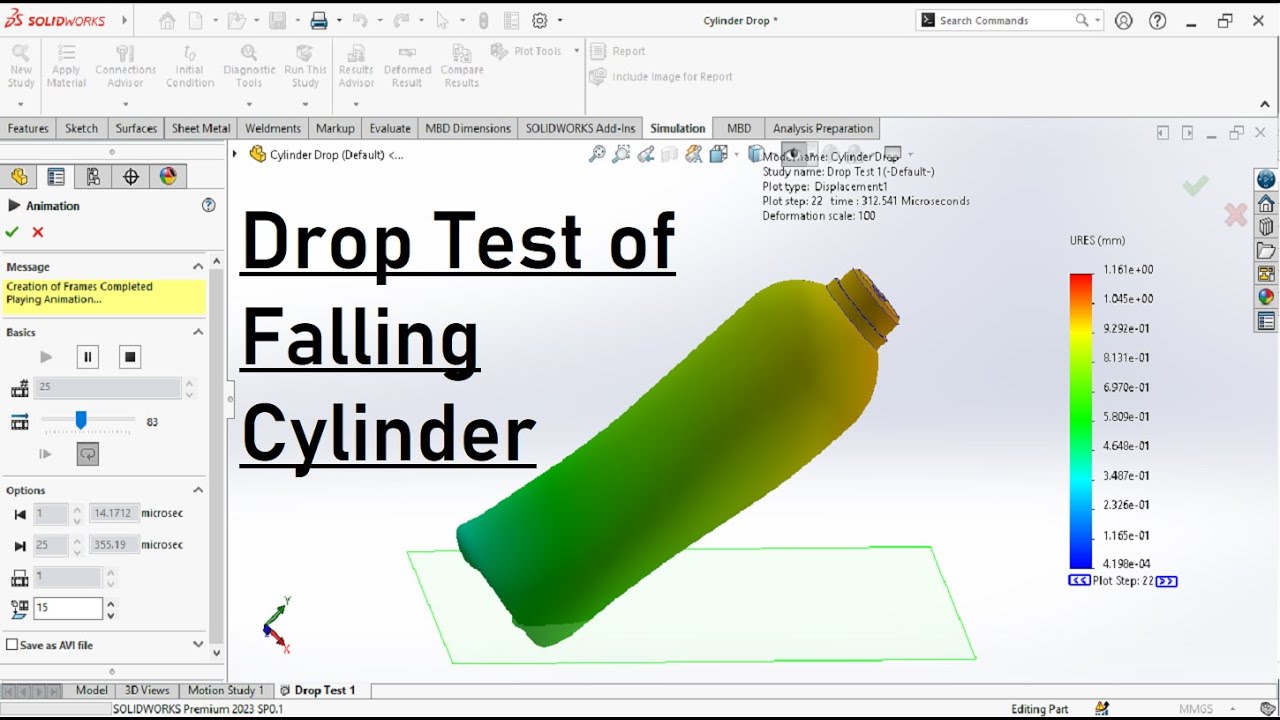 Solidworks drop test simulations |  Drop analysis of a falling Cylinder