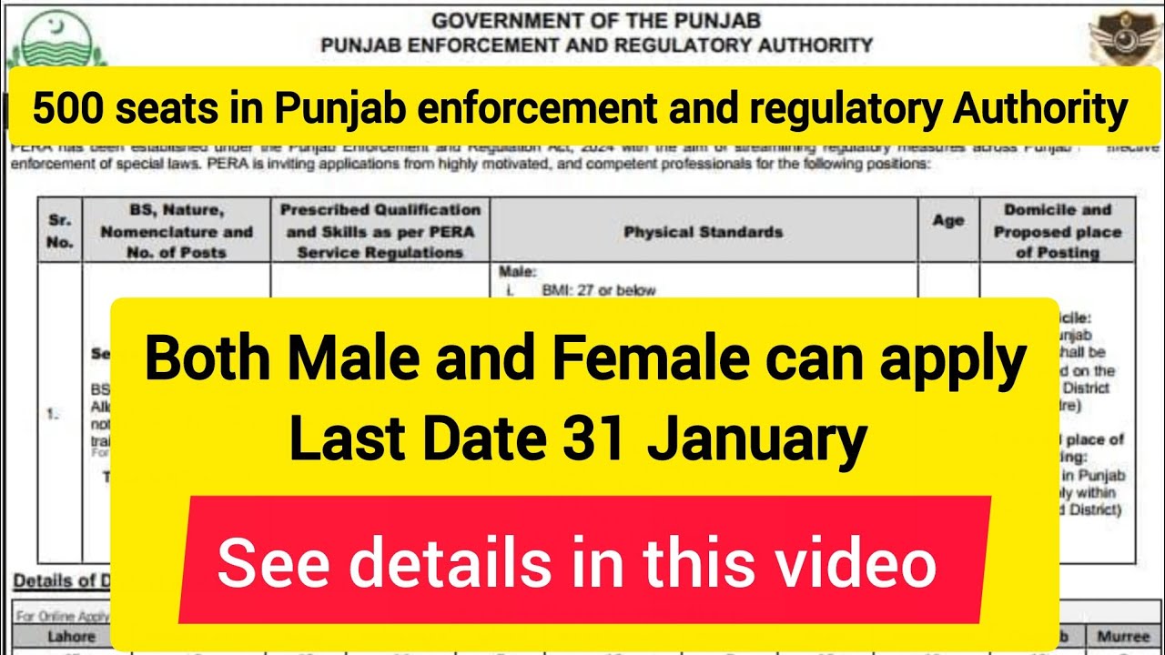 500 seats in Punjab enforcement and regulatory Authority
