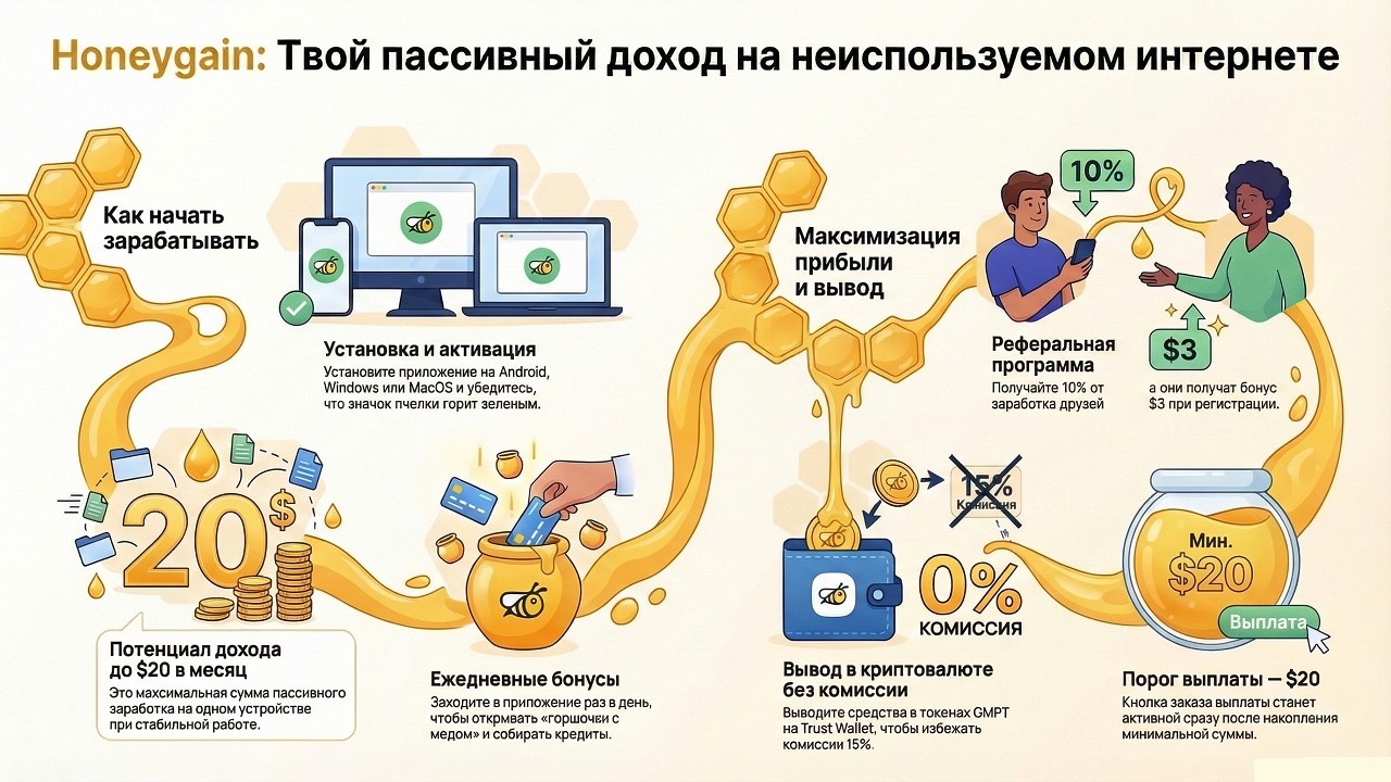 Honeygain: Пассивный заработок на раздаче интернета в 2026 году
