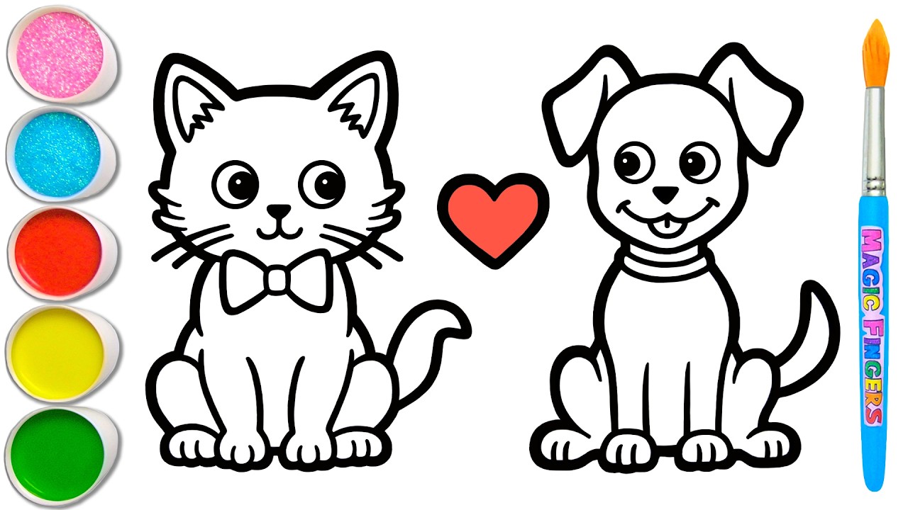 🐈❤️🐕 Rysowanie, malowanie i kolorowanie obrazka przyjaźni kota i psa dla dzieci #415