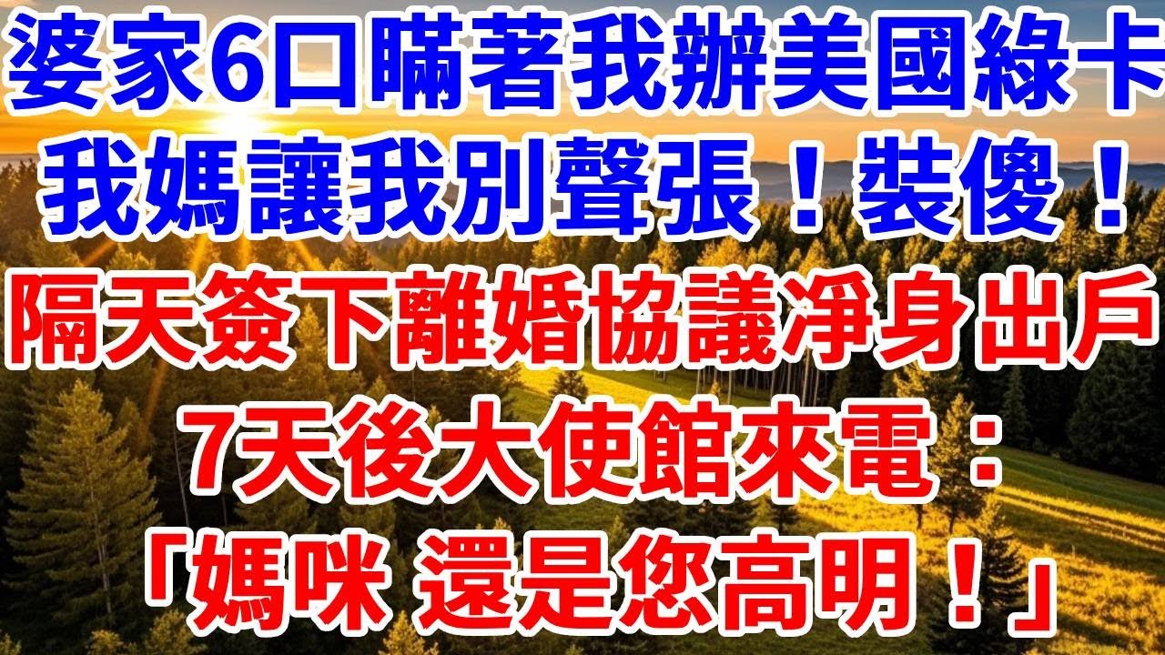 婆家6口瞞著我辦美國綠卡，我媽讓我別聲張！裝傻！隔天我簽下離婚協議凈身出戶，7天後大使館來電：媽咪，還是您高明！#思妤說故事#為人處世#生活經驗#情感故事#晚年哲理#說故事#完結文#原創故事