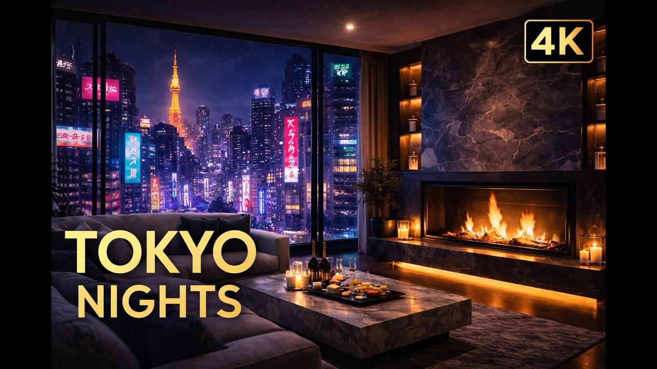Tokyo Nights 🌃 Luxury Penthouse Fireplace | Neon City View & Cozy Ambience (4K)