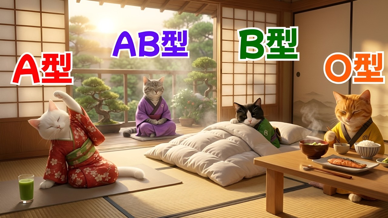 【癒やし】AI猫たちの「健康的な朝の過ごし方」☀️🥗 血液型でこんなに違う！モーニングルーティン【こむぎの猫】