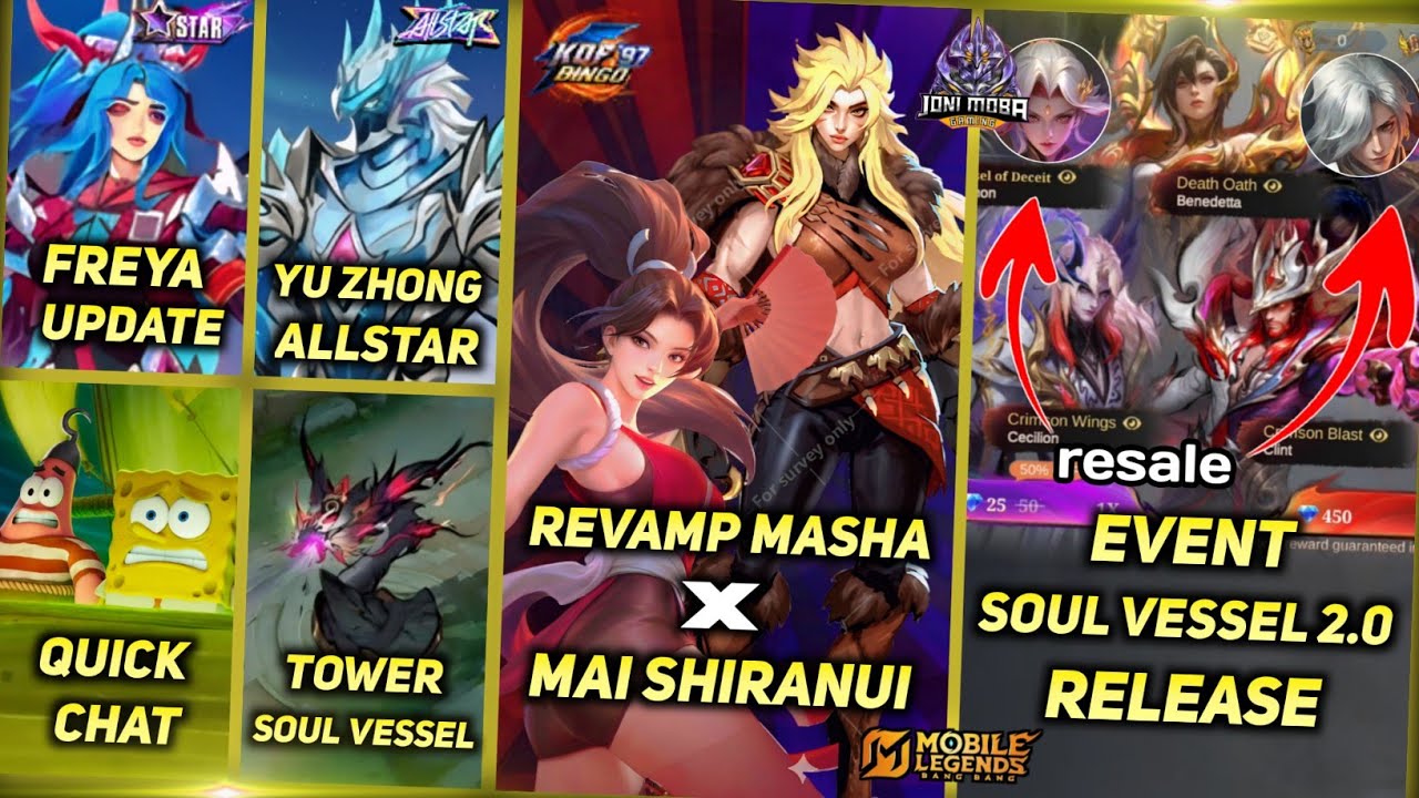 REVAMP MASHA X MAI SHIRANUI KOF, YU ZHONG ALLSTAR 2026, EVENT SOUL VESSELS 2.0 - MLBB UPCOMING SKIN