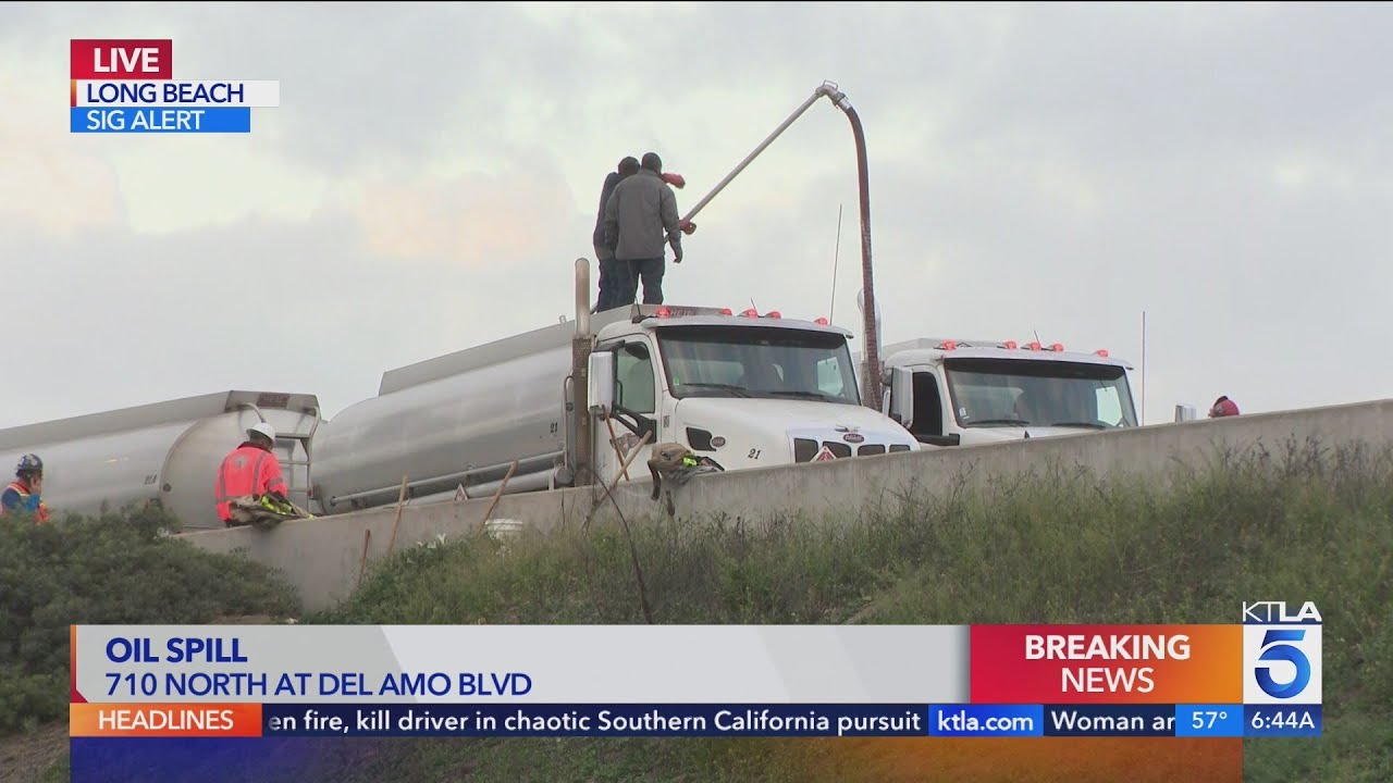 Tanker spills oil on 710 Freeway in Long Beach