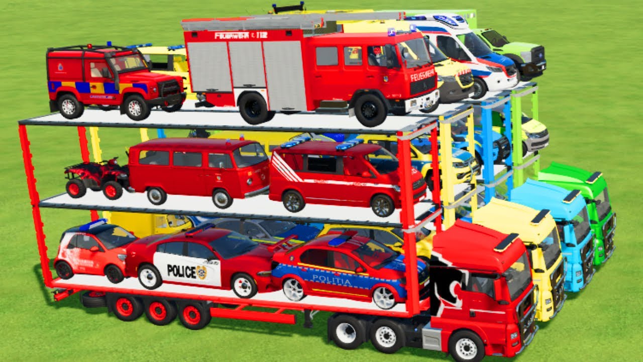 LOAD & TRANSPORT POLICE CARS, AMBULANCE, CARS, FIRE TRUCK, BUS, JEEP, MOTORBIKE-Farming Simulator 22