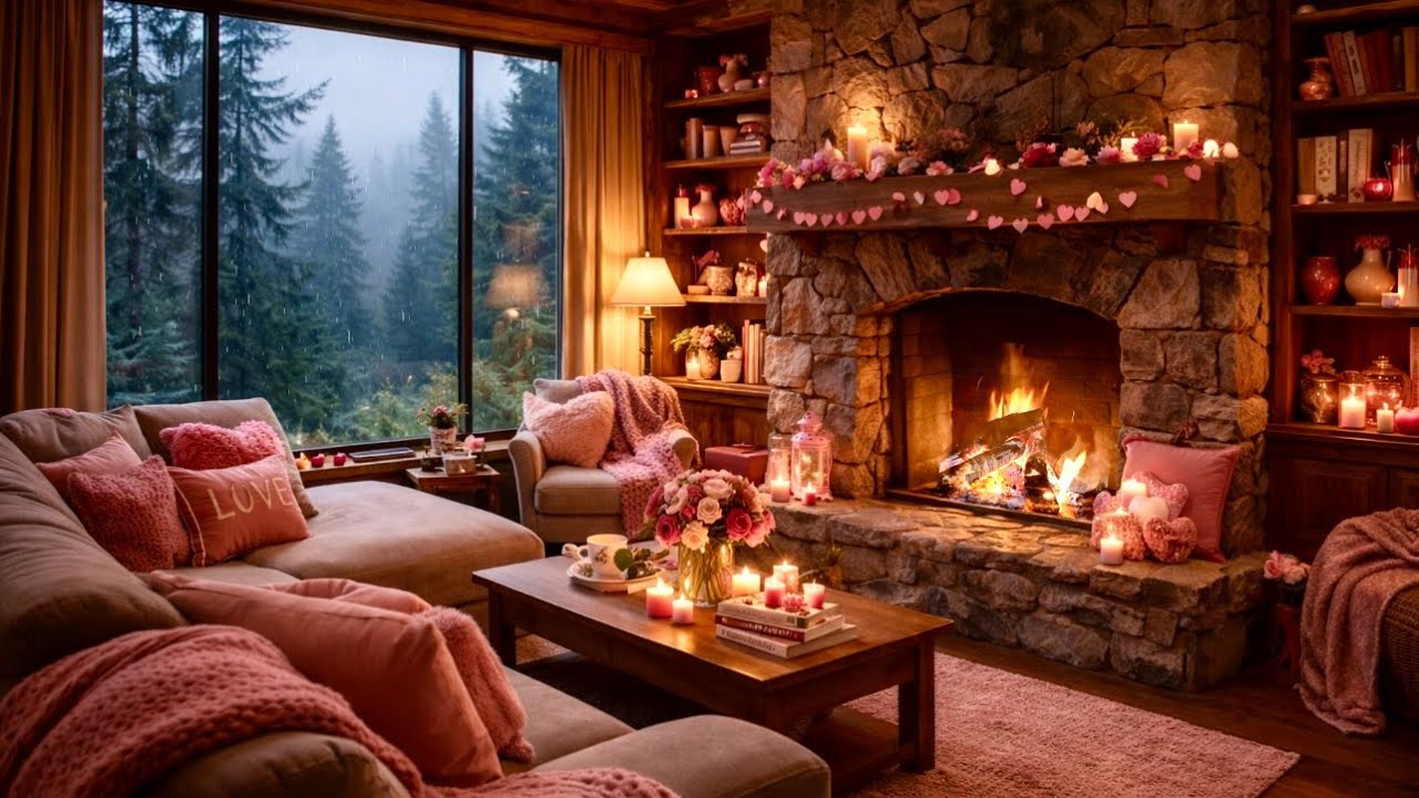 Pink Cozy Fireplace Ambience with Rain Sounds