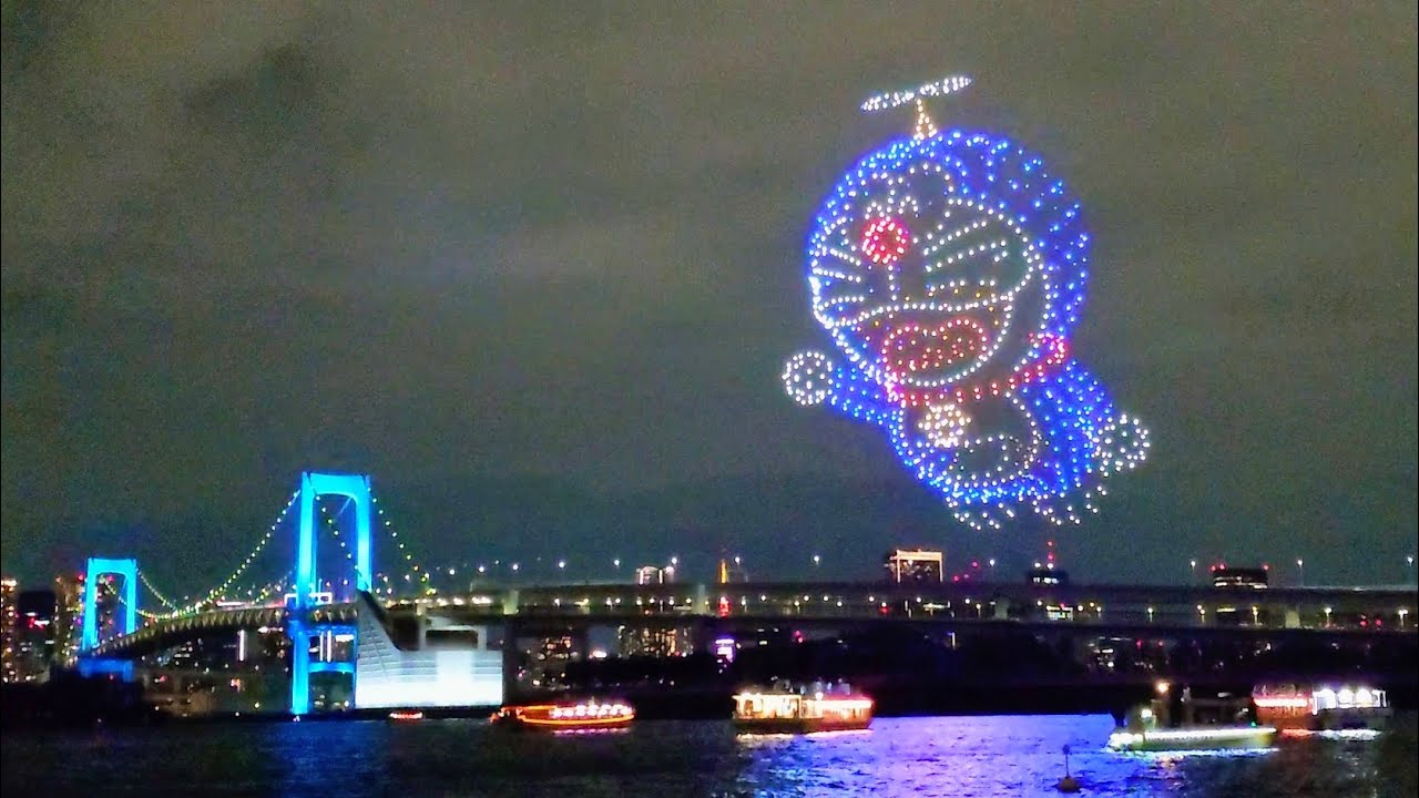 【お台場】ドラえもんドローンショー 20260307 レインボーブリッジ