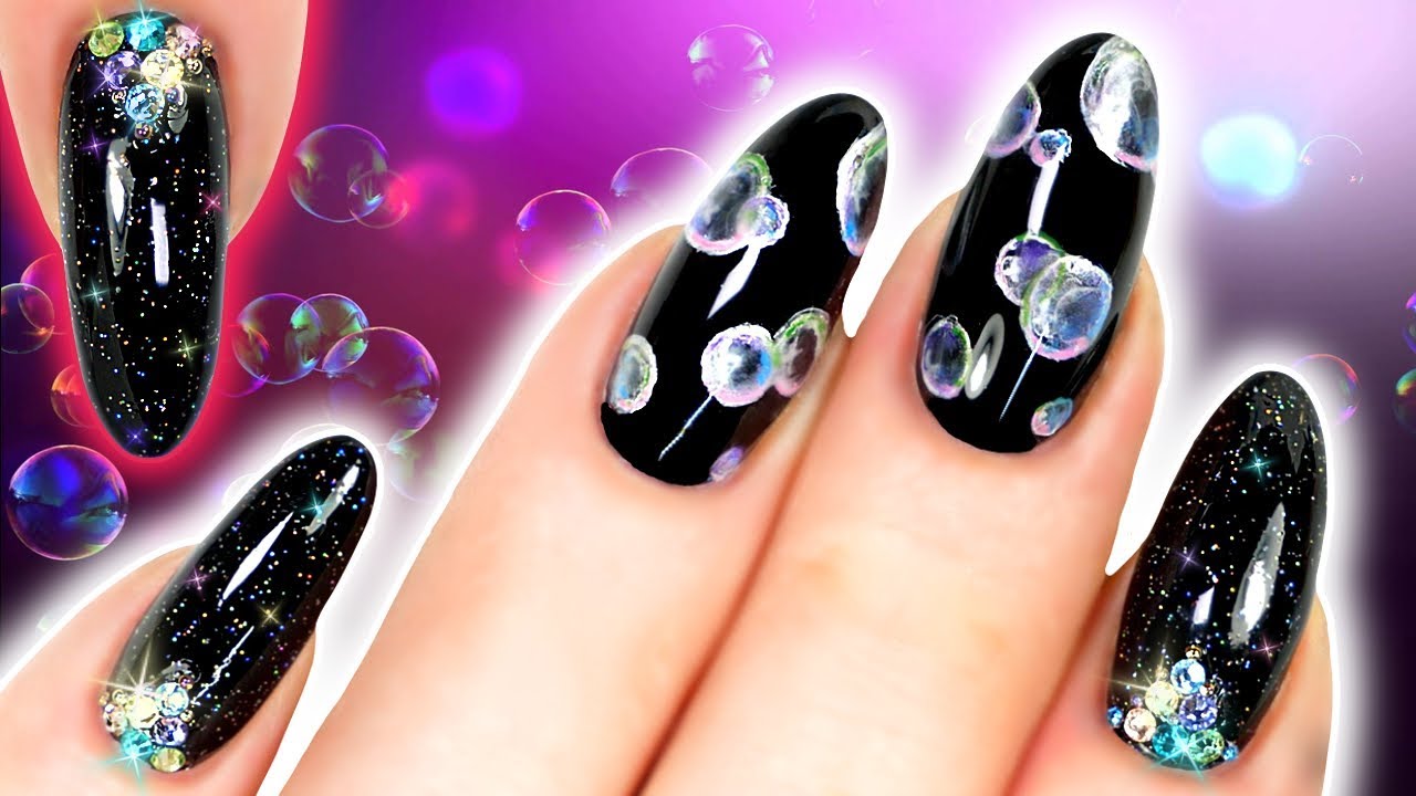 BUBBLE NAILS! Black Airflower Nail Art With Holo Glitter and Crystals