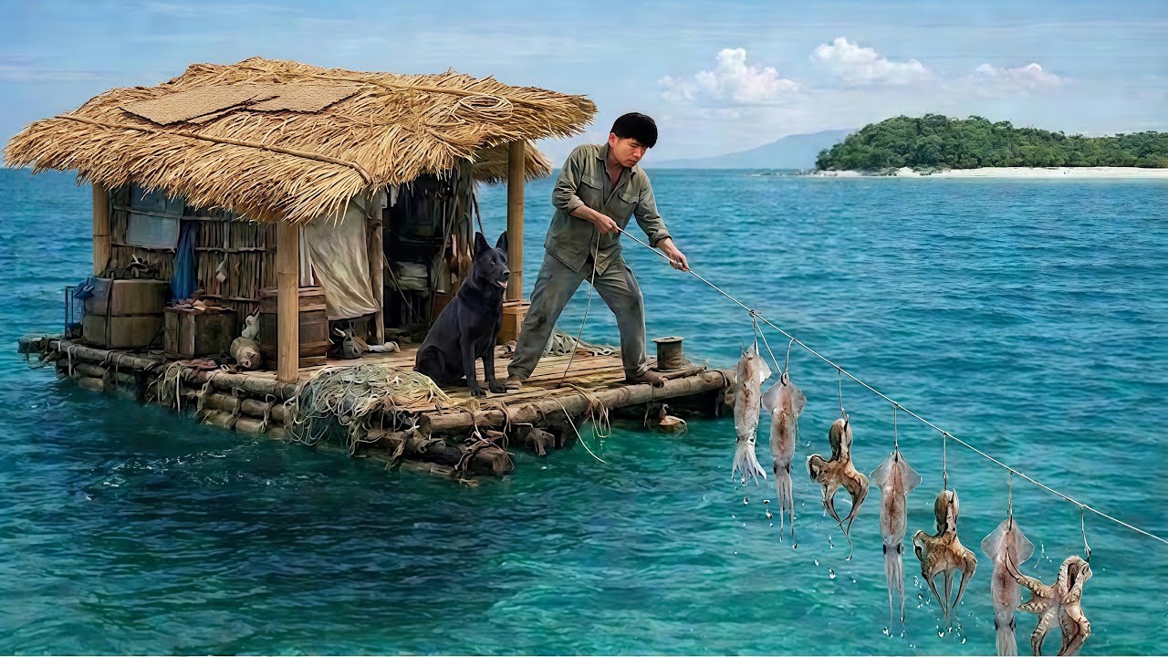 Final Day Survival on a Trash Raft | Catching Octopus, Squid & Raw Squid Salad with My Dog