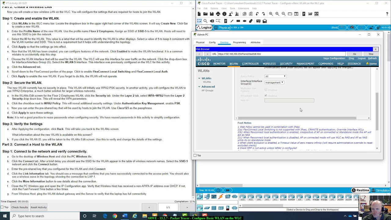 SRWE - 13.2.7 Packet Tracer - Configure a Basic WLAN on the WLC