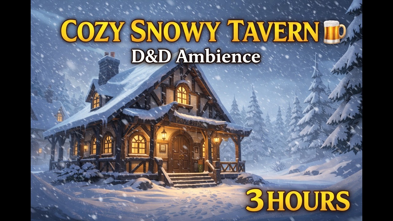 Cozy Snowy Tavern 🍺 D&D Ambience | Fireplace & Blizzard Sounds (3 Hours)