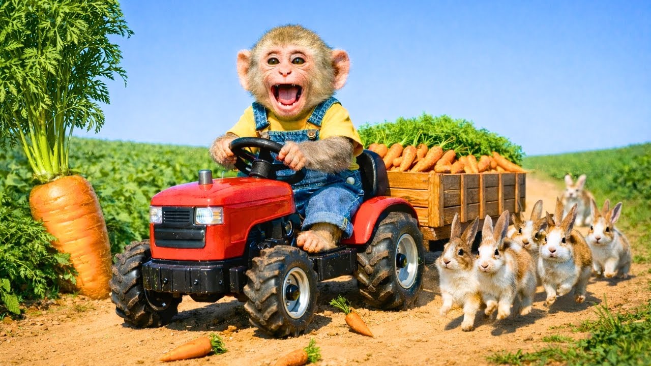 🐵 Baby Monkey Drives a Red Tractor 🚜 Happy Farm Harvest Adventure! 🥕🐰| Monkey Farm Work