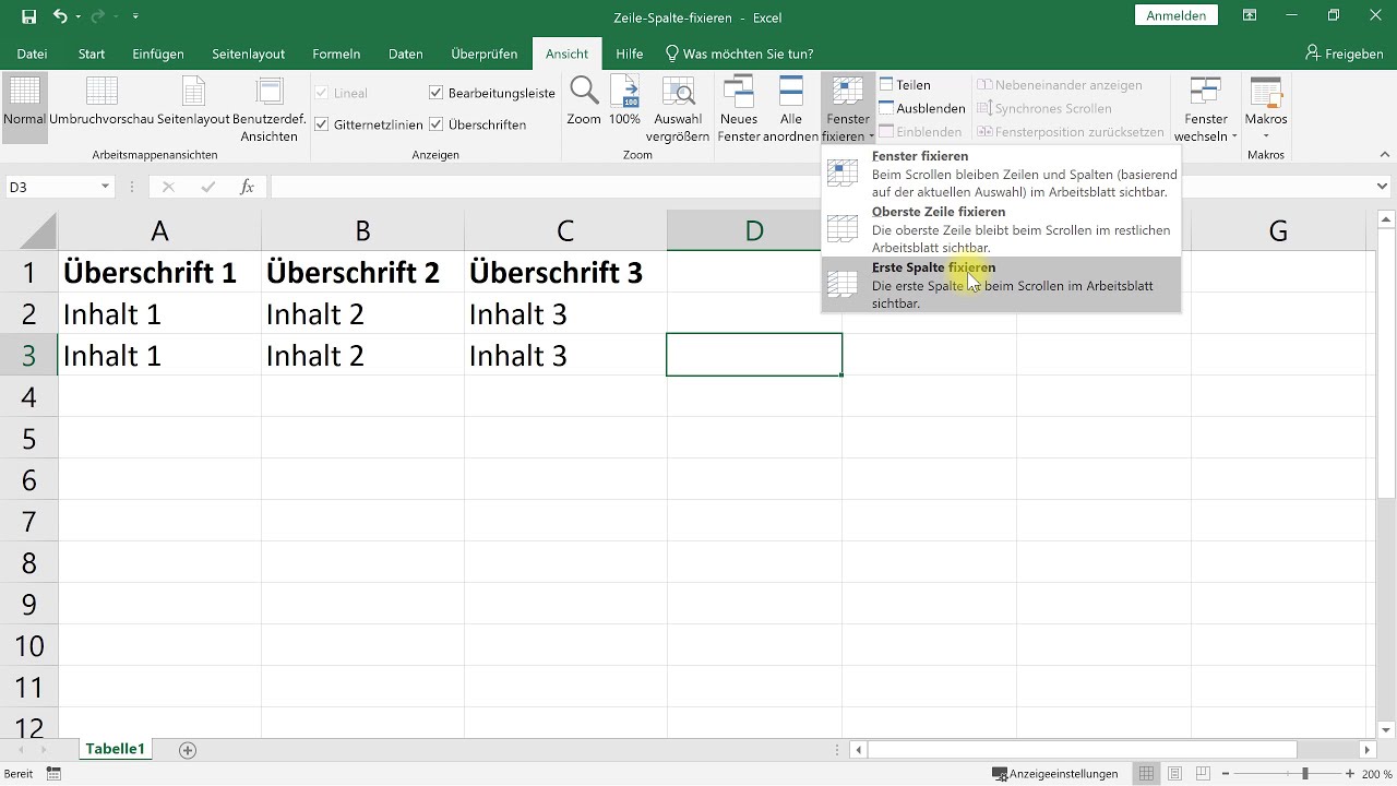 Zeilen und Spalten fixieren/einfrieren &ndash; Excel-Tutorial