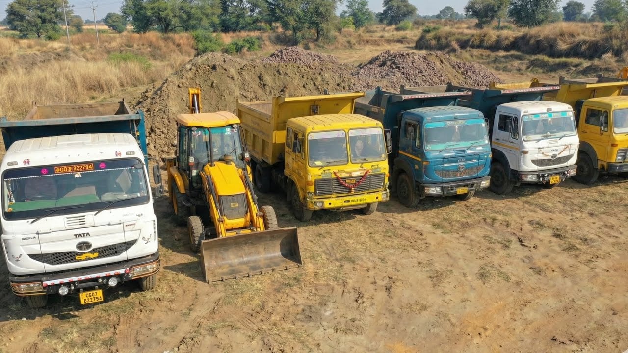 All working jcb 3dx and ashok leyland dump truck and stunt.      