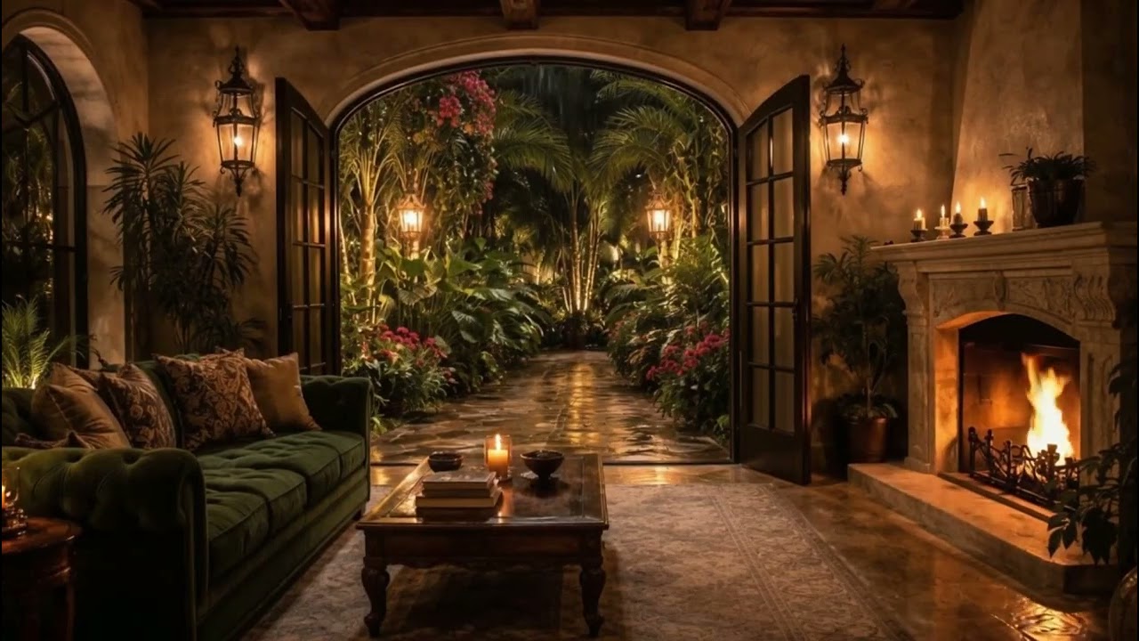 Velvet Rain After Dark | Cozy Fireplace & Rain Ambience | Focus & Relax (8 Hours)