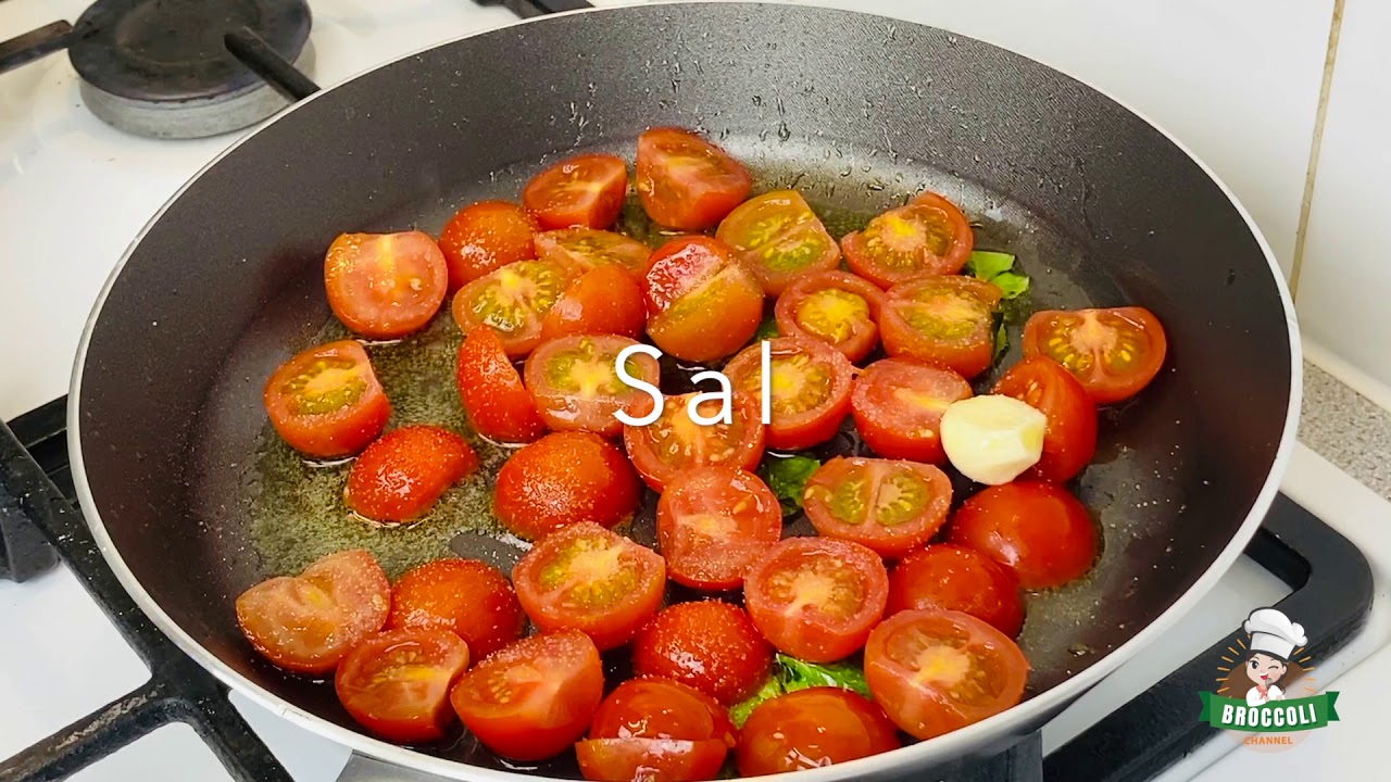 Como fazer espaguete com tomate cereja. Receita italiana original. F&aacute;cil de fazer em casa 15 minutos
