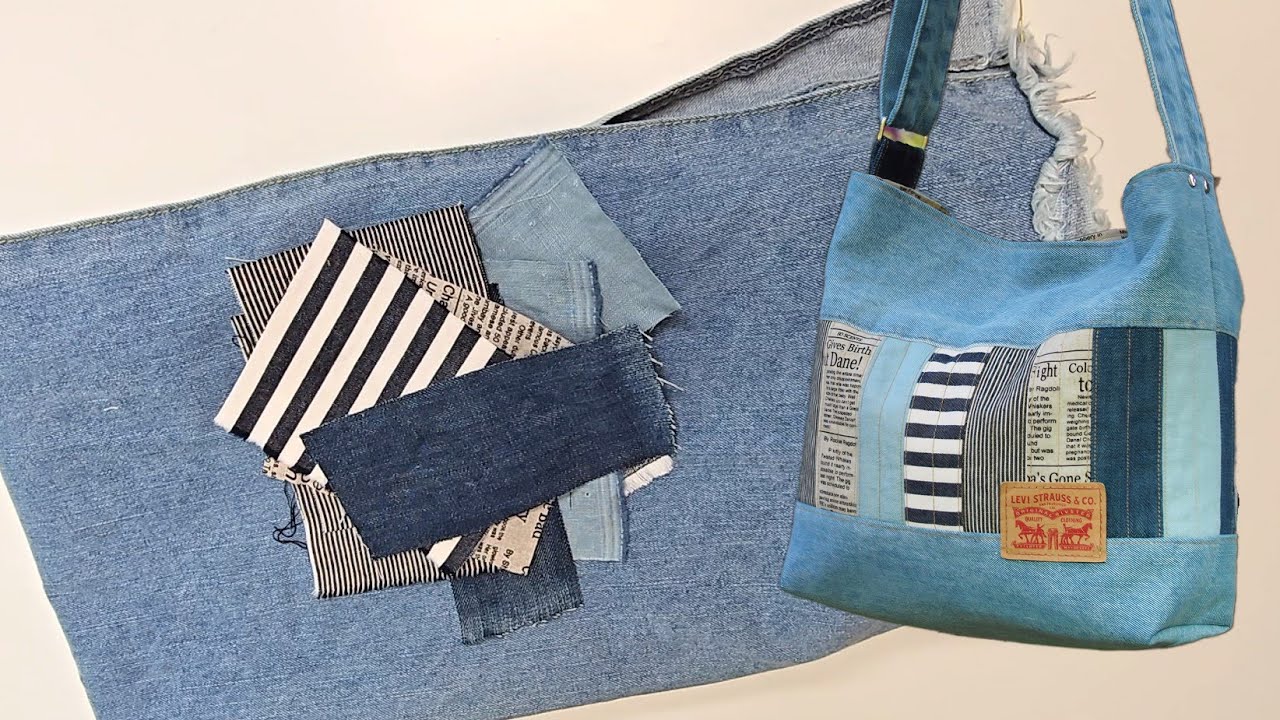 DIY jeans bag / 청바지와 자투리천으로 만든 데님숄더백 / sewing with fabric scraps
