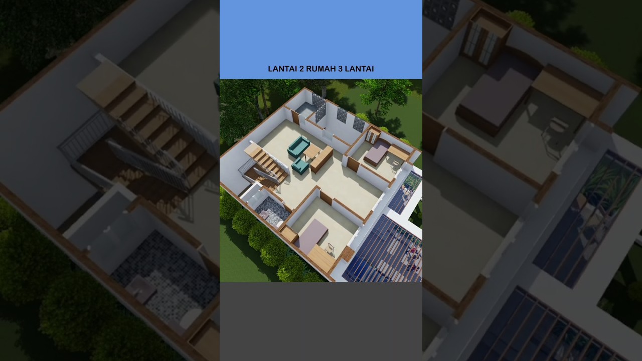 Denah 3D Lantai 2 rumah 10x10 meter terdapat 2 kamar tidur & void 