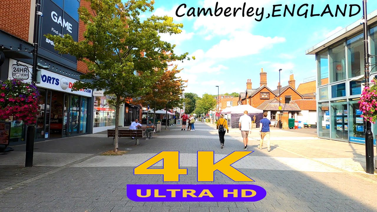 Walking tour Camberley town, England (4K/60fps)