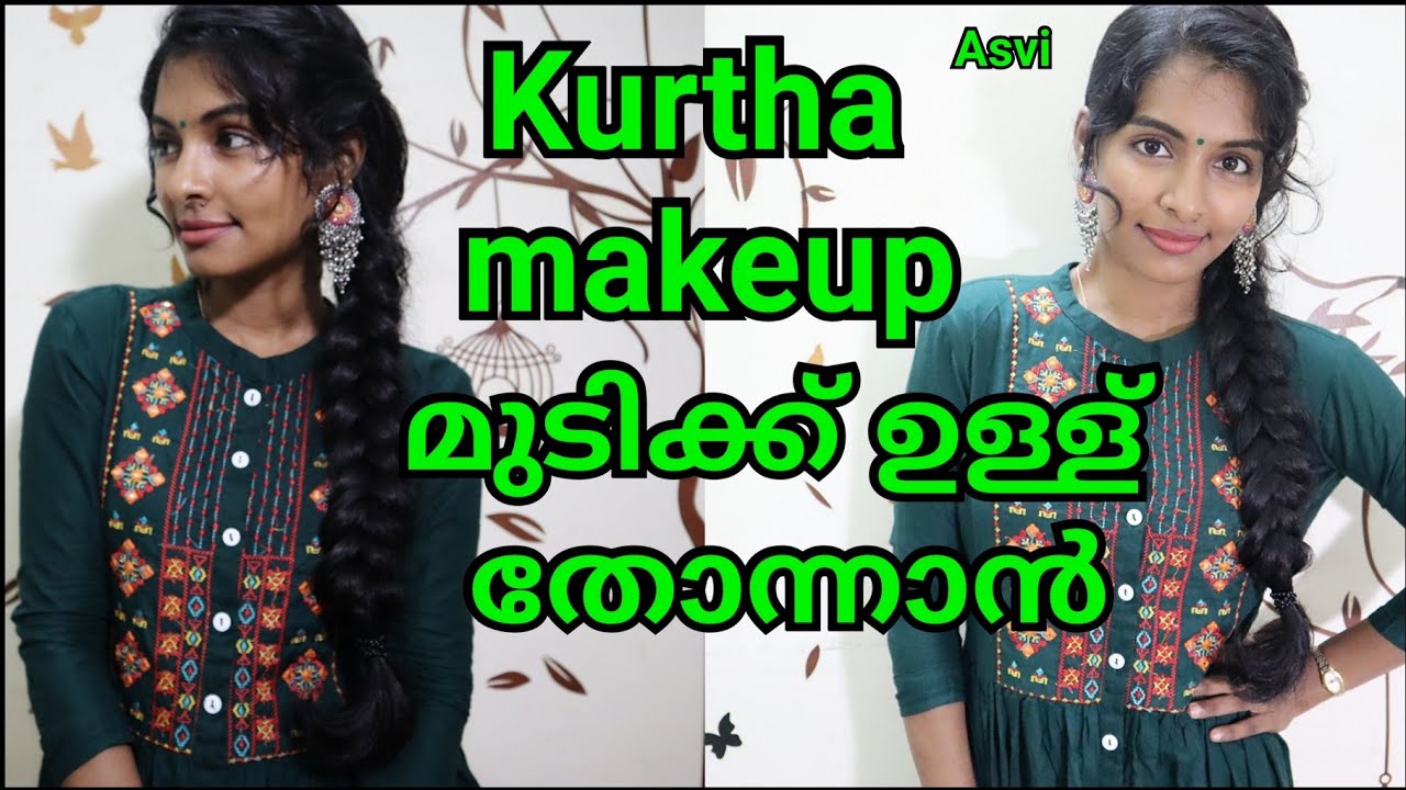 Simple Kurtha/churidar makeup look in malayalam|Easy hairstyle for thin hair|Braided hairstyle|Asvi
