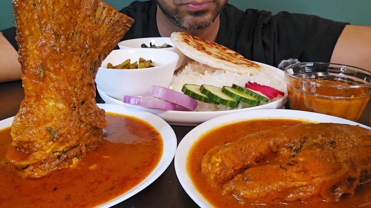 ASMR MUKBANG! Spicy Fish Curry,Lachha Paratha, Rice, Bhindi Fry and Tindora Fry