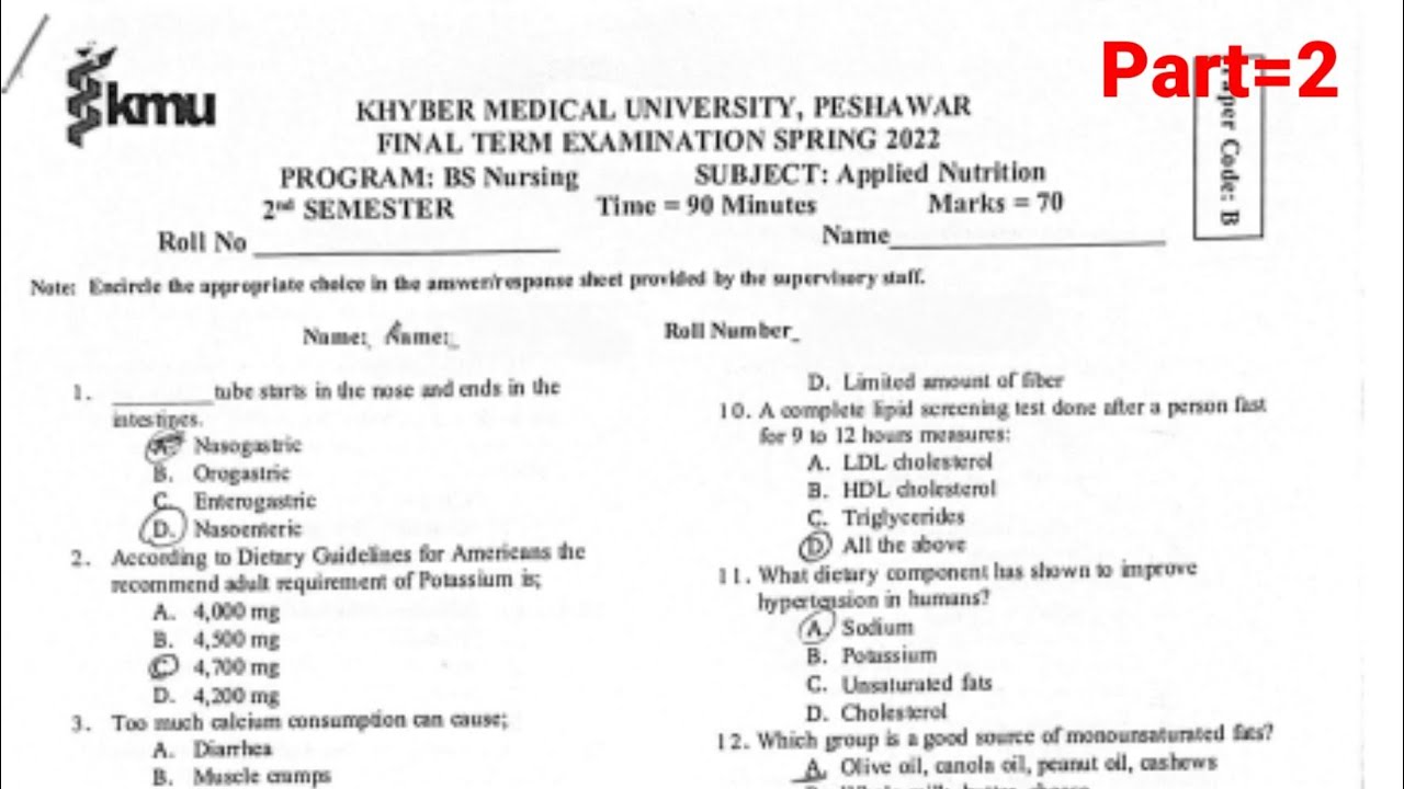 Nutrition 2nd semester 2022 past paper / Part=2/  #kmu #bsn #pastpaper