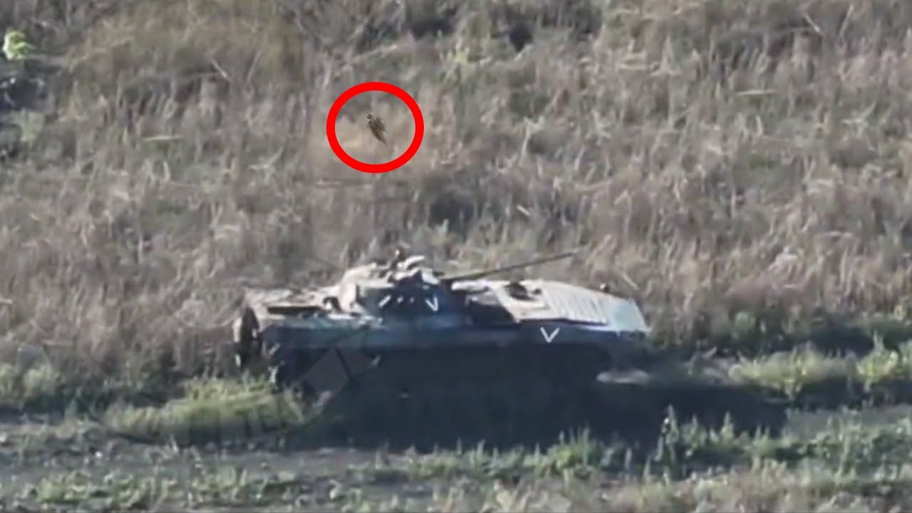 Close View Of FPV Drone Destroying BMP-2