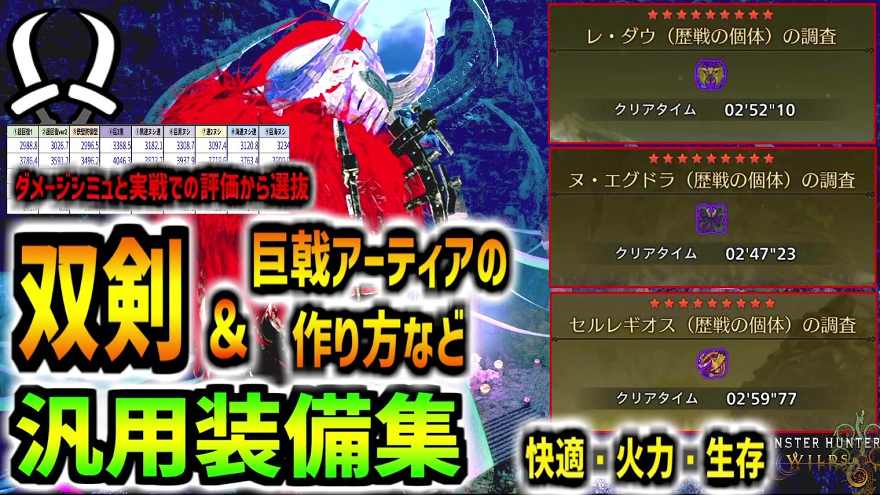 (最新版)【双剣】★９MAX個体も２～３分周回、双剣でおすすめな汎用装備たちの紹介と実際の使用感、おすすめ激化タイプ＆アーティアの作り方など【モンハンワイルズ】【MHWilds】最終アップデート版