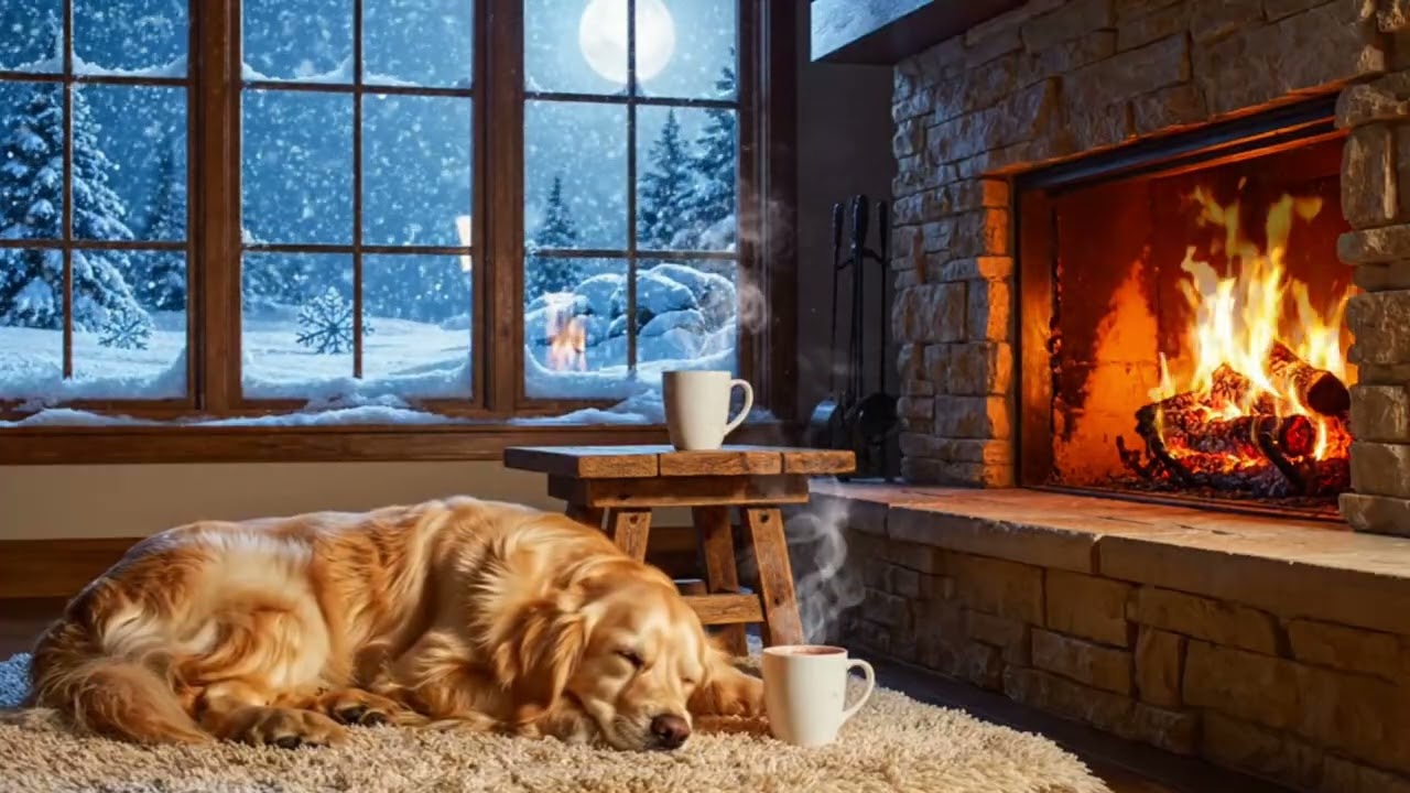 Cozy Winter Night ❄️ Fireplace, Dog, Hot Chocolate & Soft Piano | Relaxing Ambience