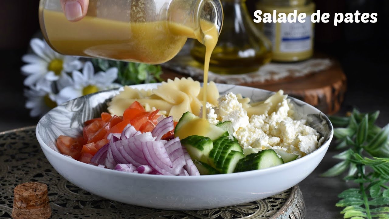 Idée repas: saumon au four, salade de pâtes, jus de poires, velouté de patate douce