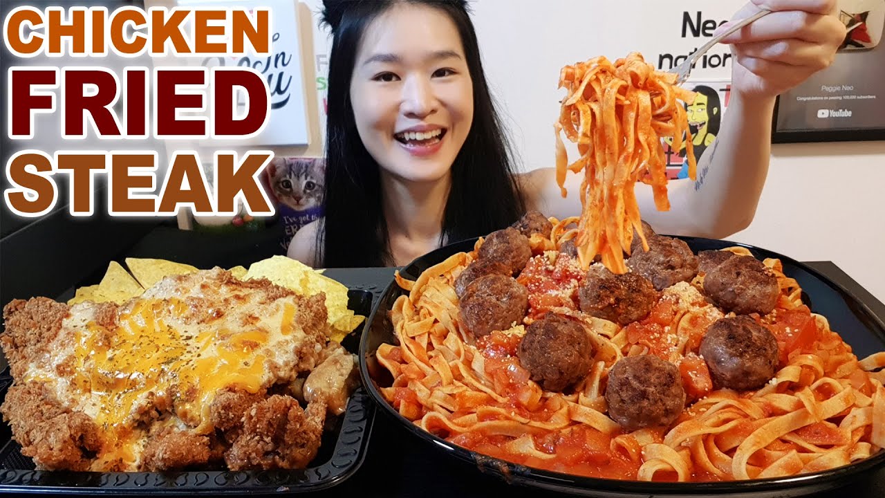 Cheesy Chicken Fried Steak & Meatball Marinara Pasta Feast! Fried Beef Steak & Pasta Recipe Mukbang