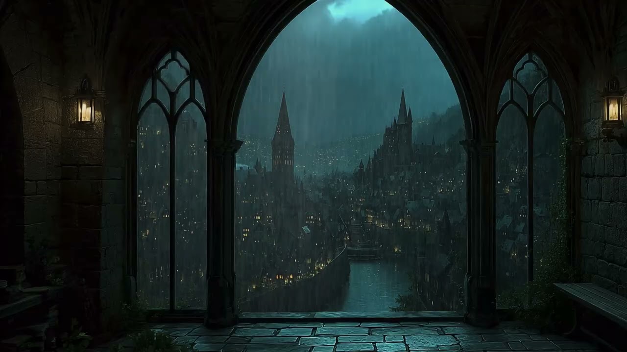 Cozy Castle Window Rain & Thunder Sounds with Flowing River | Relax, Study, Deep Sleep