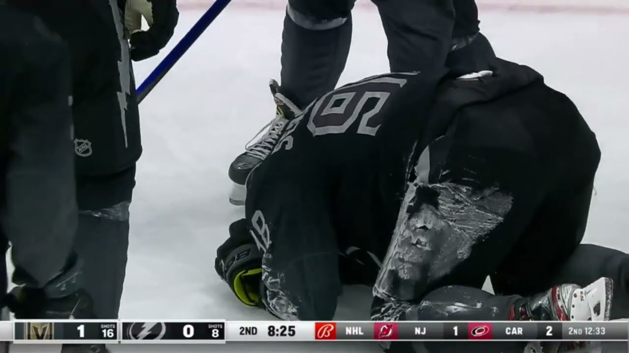 Mikhail Sergachev blocks shot with his head