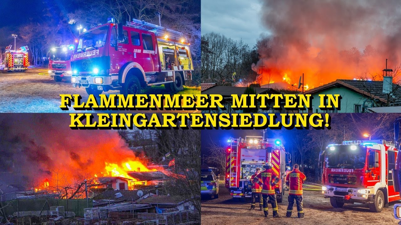 [Flammenmeer zerstört mehrere Gartenhäuser] - Feuerwehr im Großeinsatz in Kleingartensiedlung -