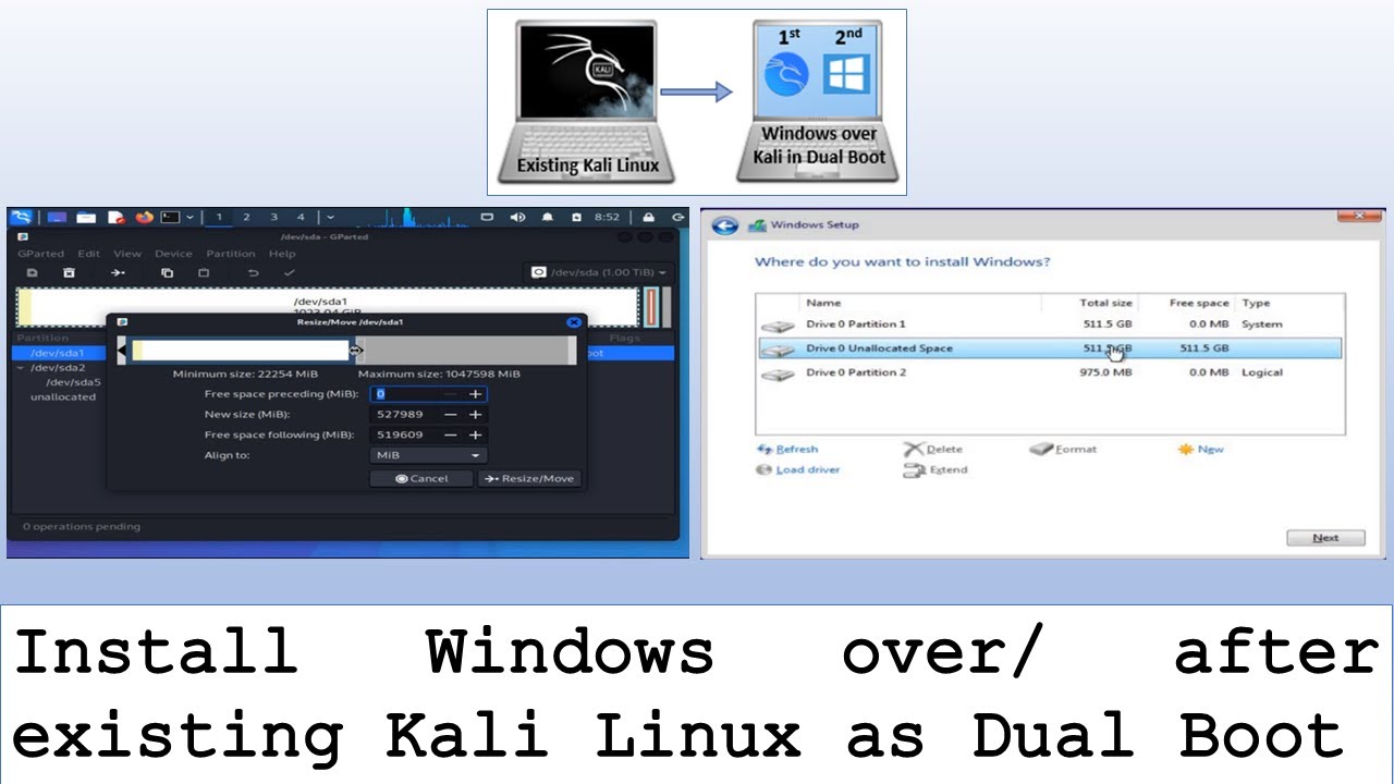 Установите Windows поверх существующего Kali Linux в режиме двойной загрузки.