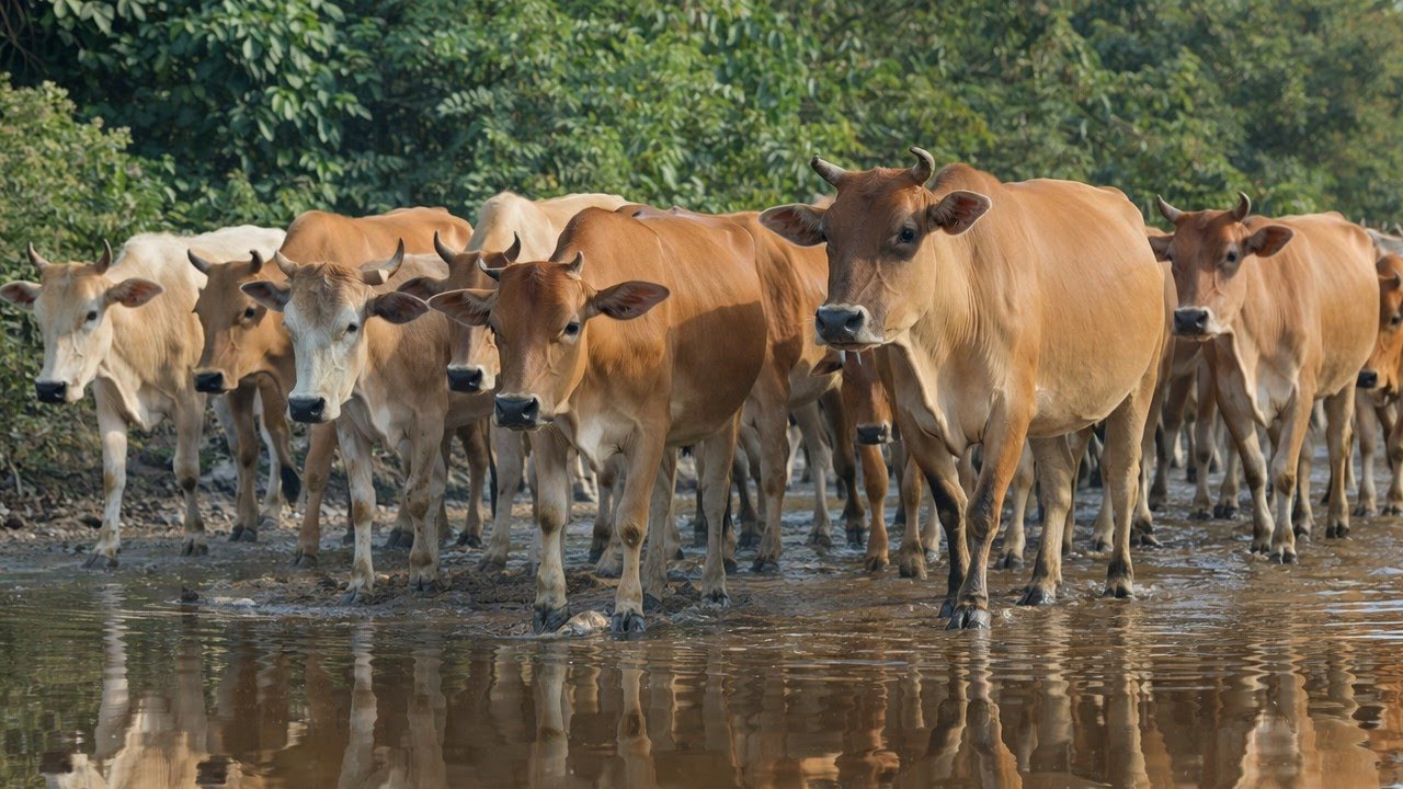 Sapi lucu jinak di desa sedang berlari di atas Padang rumput hijau pedesaan warga 