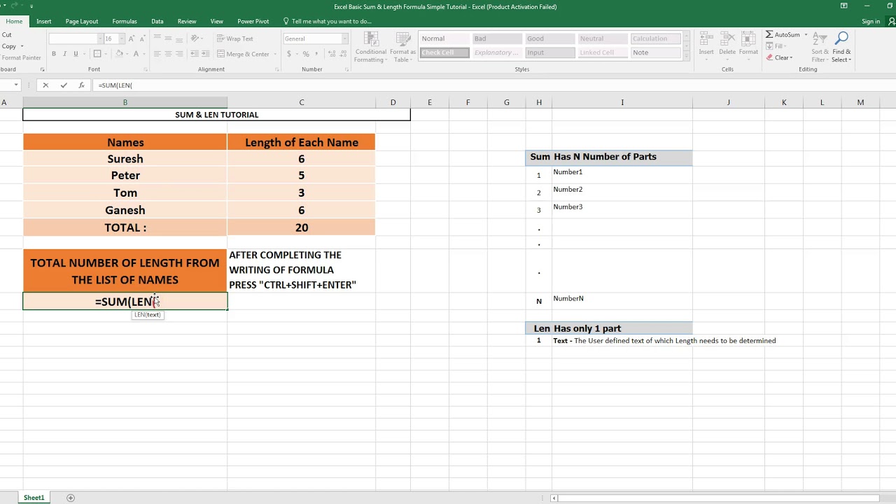 Excel Basic SUM & LEN Formula Simple Tutorial