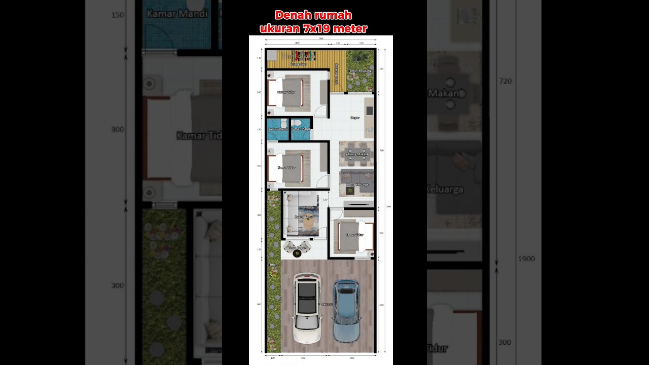 Denah rumah ukuran 7x19 meter ada 3 kamar tidur, 2 kamar, carport luas 