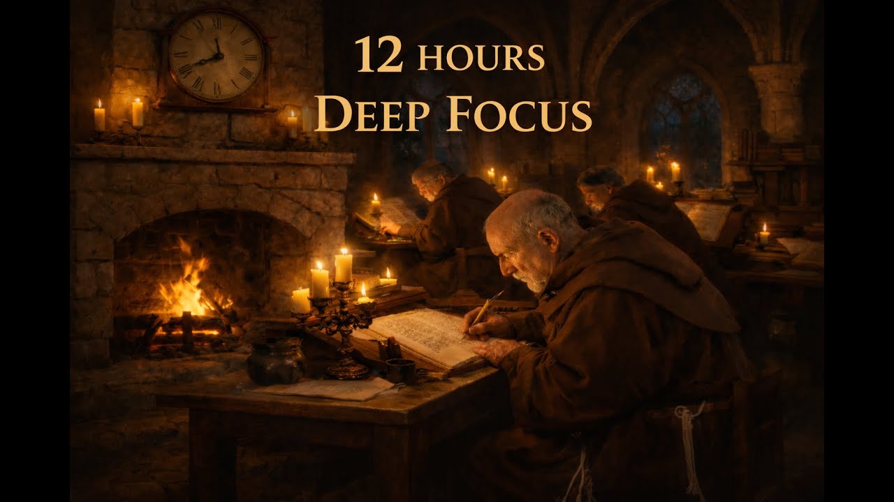 12 Hours of Medieval Abbey Ambience | Monks Working, Quills, Firelight | Deep Focus