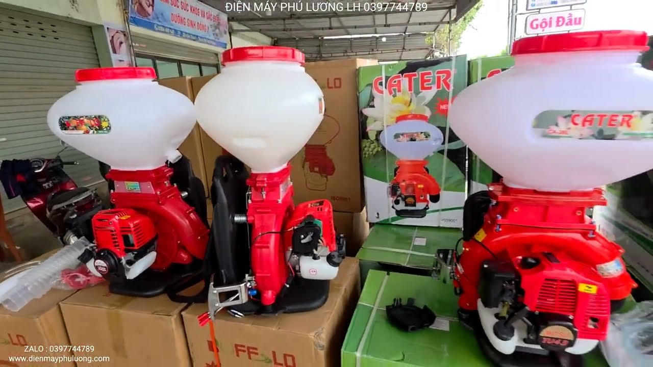 Có 2 loại máy phun xạ lúa - phun phân bón - phun hạt - phun vôi bột cửa xả lớn.