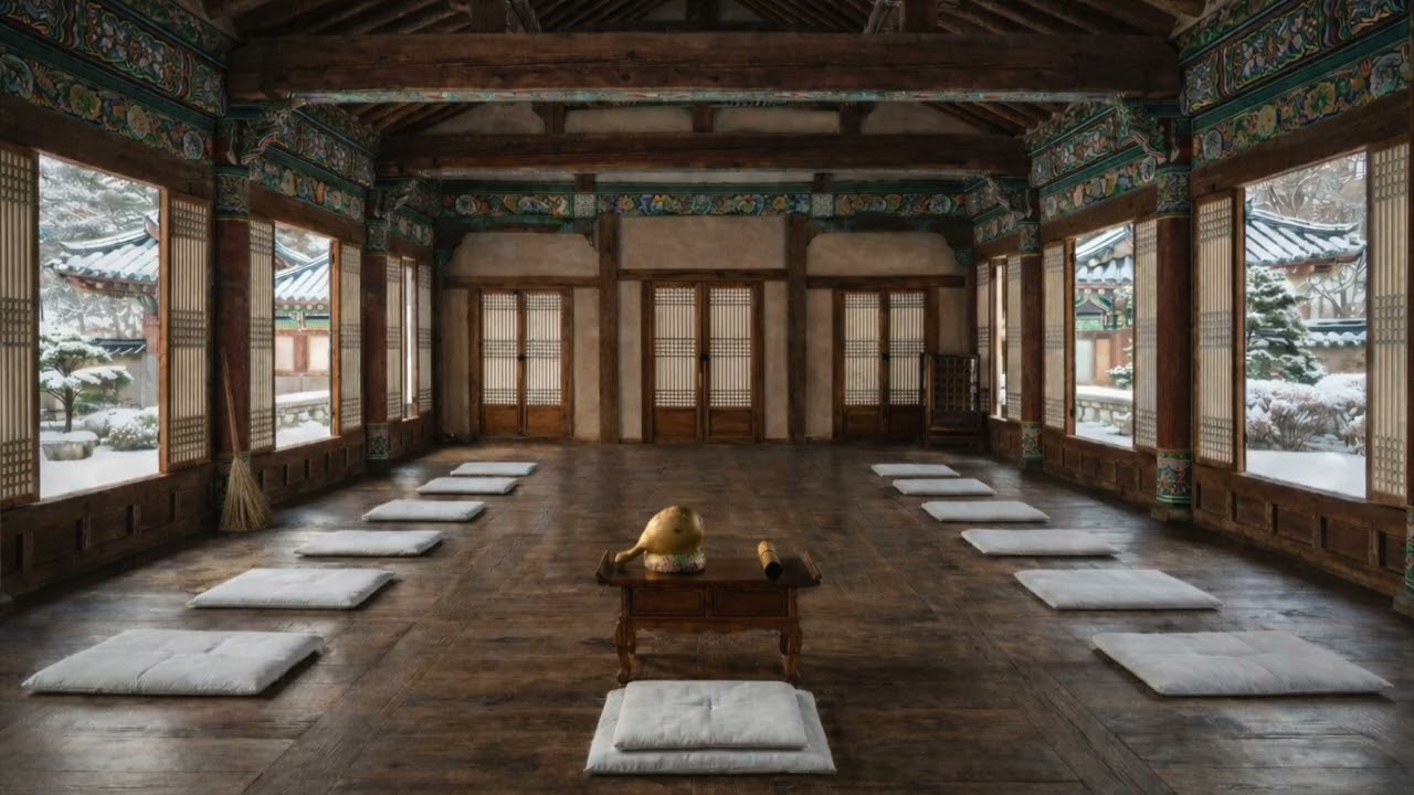 Korean Temple Stay ASMR 🧹 Sweeping Snow & Moktak Sound | Zen Meditation Focus (2 Hours)