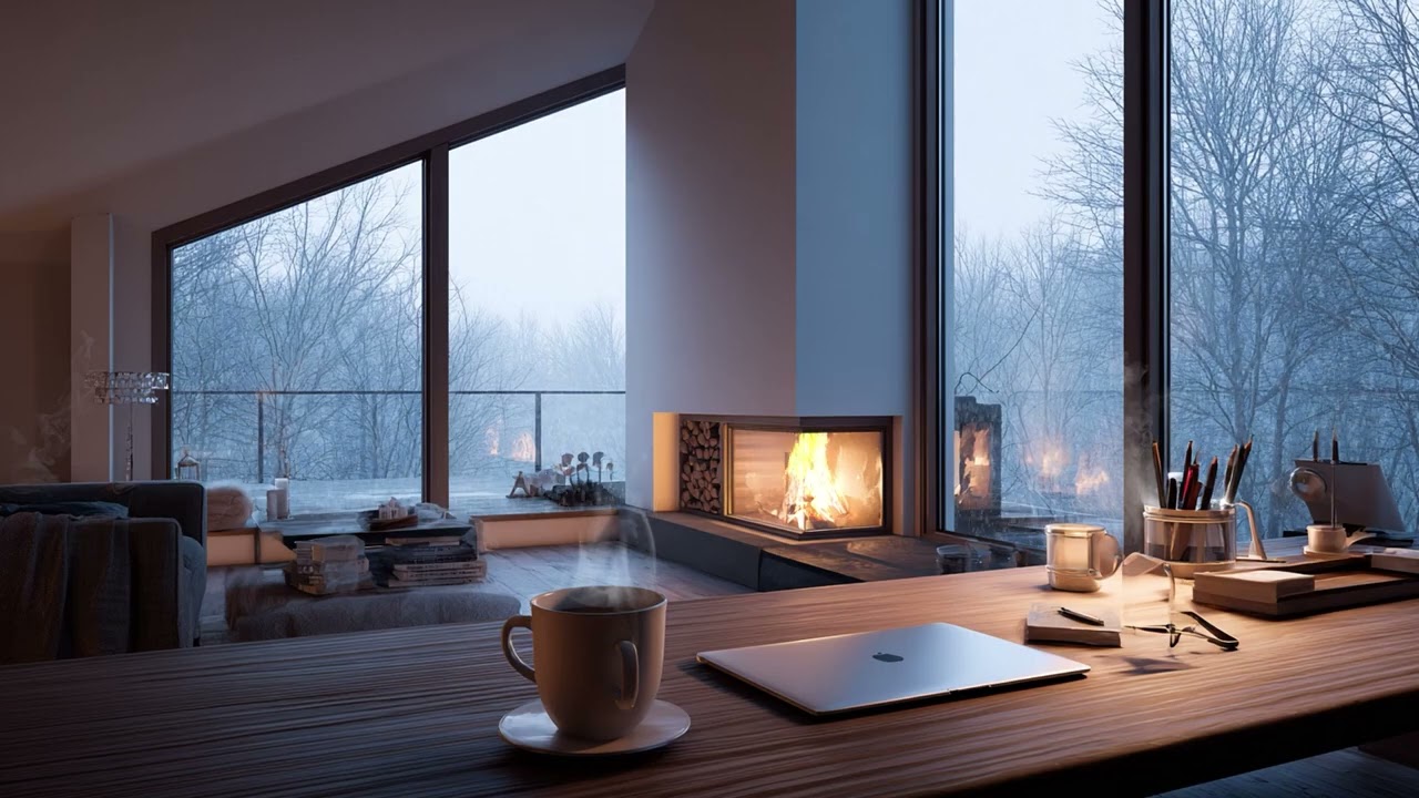 Cozy Winter Workspace Ambience &bull; Fireplace & Snowfall &bull;  Relaxing Study Atmosphe
