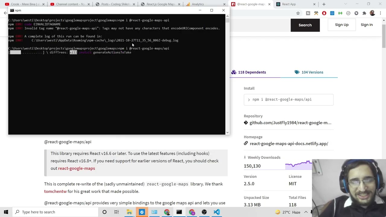 Пример использования API Google Maps на React.js для встраивания полноэкранных карт Google Maps н...