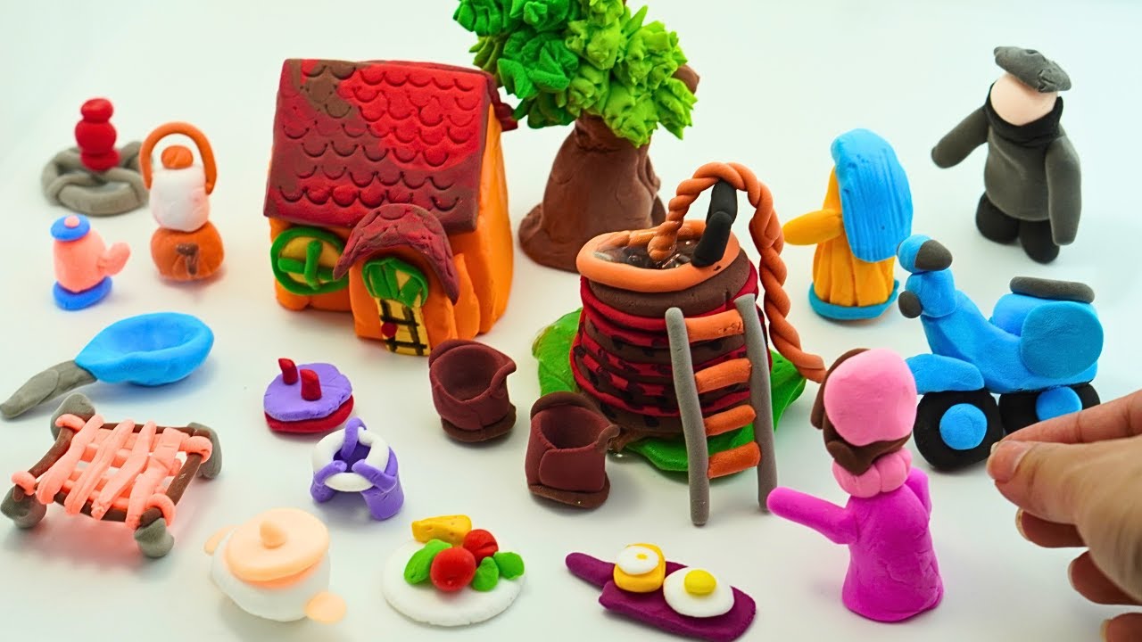 DIY How to make polymer clay miniature House, Kitchen set, Milkman on Cycle, Hand pump | village
