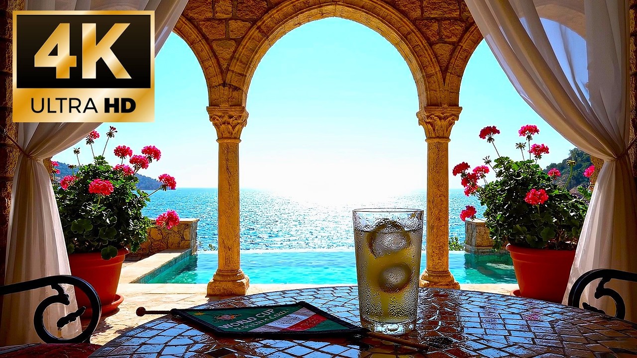 Luxury Stone Villa Terrace by the Sea | Iced Summer Drink & Gentle Waves | 4K