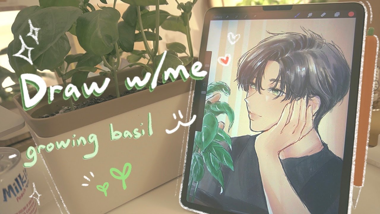 [draw🎨w/me🐰] I grew basil indoors 🌿. Potato appeared . pesto making!
