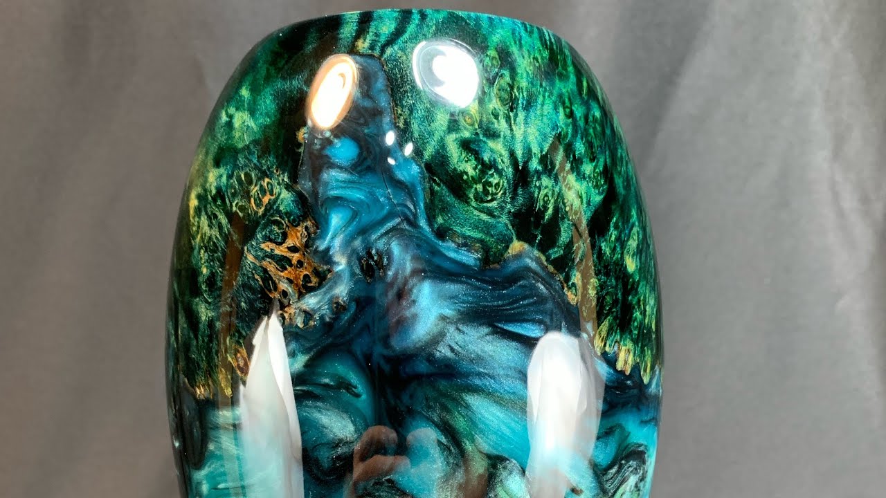 Jungle Green Wood Vase - woodturning burl with epoxy, dye and lacquer